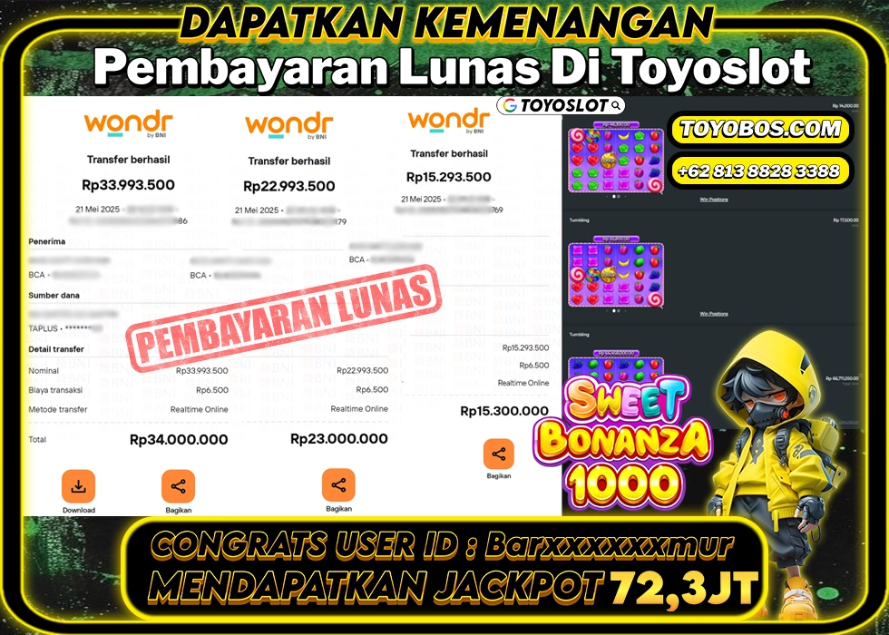 TOYOSLOT - BUKTI KEMENANGAN JACKPOT SWEET BONANZA 1000 Rp72,300,000,- LUNAS
