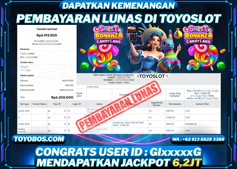 TOYOSLOT - BUKTI KEMENANGAN Sweet Bonanza CandyLand Rp6,200,000,- LUNAS
